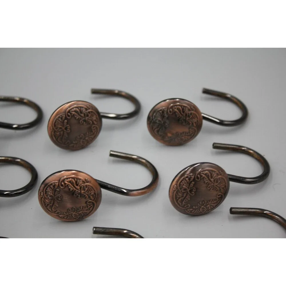 QTY: 12 Metal Shower Curtain Hooks Round Button Dark Copper Embellished Set NICE